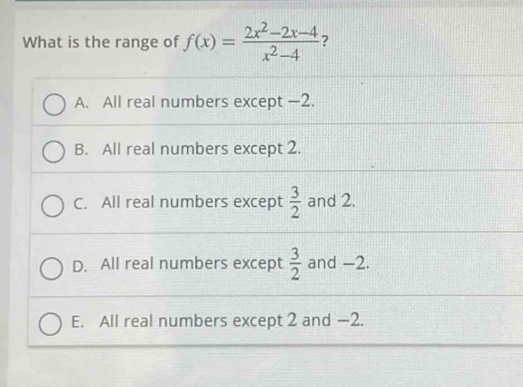 what is the range of $f(x)=\frac{2x^{2}-2x - 4}{x^{2}-4}$?\na. all real numbers except -2.\nb. all real numbers except 2.\nc. all real numbers except $\frac{3}{2}$ and 2.\nd. all real numbers except $\frac{3}{2}$ and -2.\ne. all real numbers except 2 and -2.