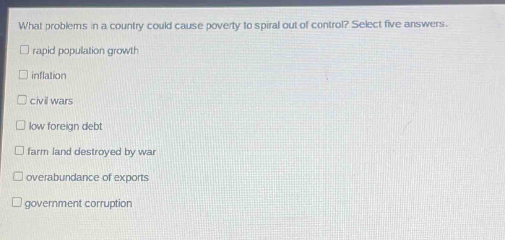 what problems in a country could cause poverty to spiral out of control? select five answers.\n□ rapid population growth\n□ inflation\n□ civil wars\n□ low foreign debt\n□ farm land destroyed by war\n□ overabundance of exports\n□ government corruption