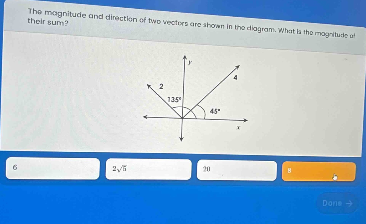 the magnitude and direction of two vectors are shown in the diagram. what is the magnitude of their sum? 6 2√5 20 8