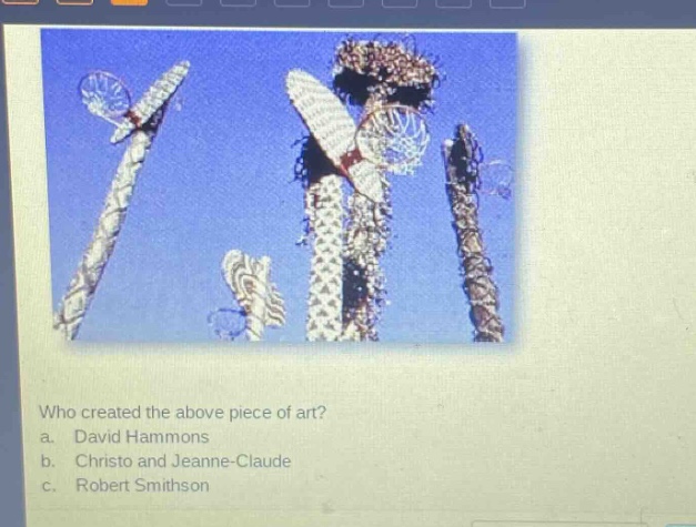 who created the above piece of art?\na. david hammons\nb. christo and jeanne - claude\nc. robert smithson
