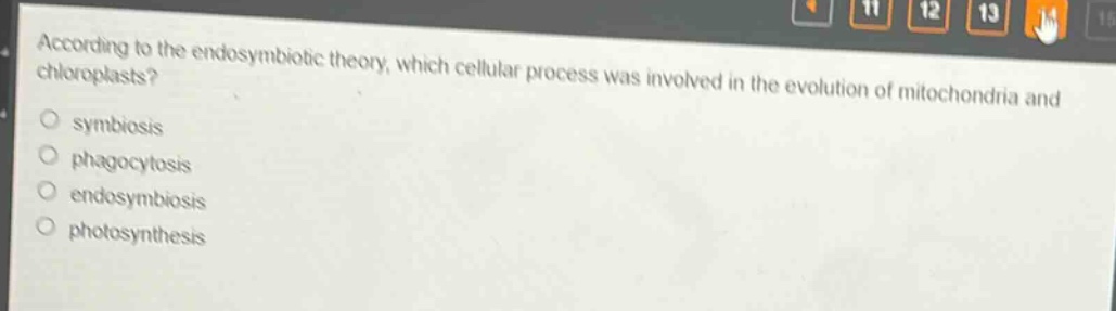 according to the endosymbiotic theory, which cellular process was involved in the evolution of mitochondria and chloroplasts?\nsymbiosis\nphagocytosis\nendosymbiosis\nphotosynthesis