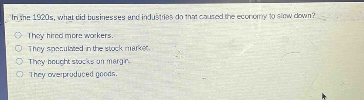 in the 1920s, what did businesses and industries do that caused the economy to slow down?\nthey hired more workers.\nthey speculated in the stock market.\nthey bought stocks on margin.\nthey overproduced goods.