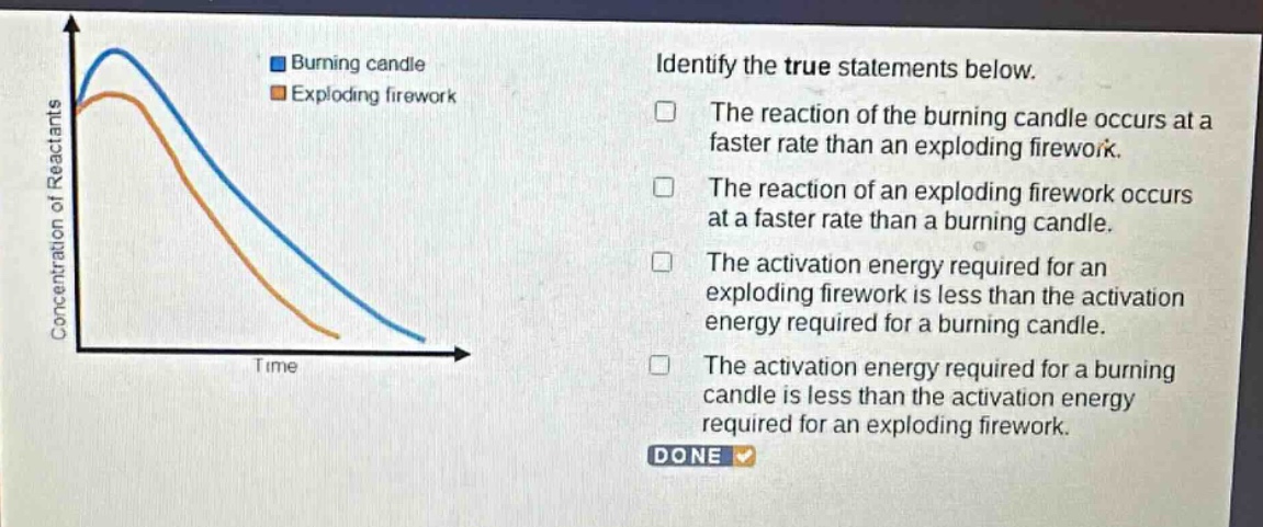 identify the true statements below. the reaction of the burning candle occurs at a faster rate than an exploding firework. the reaction of an exploding firework occurs at a faster rate than a burning candle. the activation energy required for an exploding firework is less than the activation energy required for a burning candle. the activation energy required for a burning candle is less than the activation energy required for an exploding firework. done