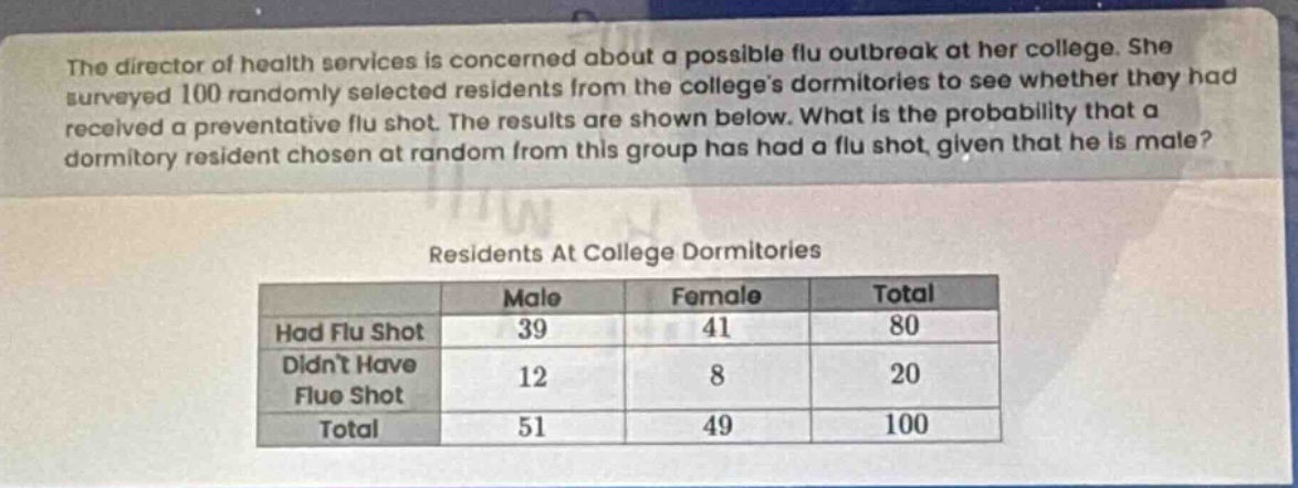 the director of health services is concerned about a possible flu outbreak at her college. she surveyed 100 randomly selected residents from the colleges dormitories to see whether they had received a preventative flu shot. the results are shown below. what is the probability that a dormitory resident chosen at random from this group has had a flu shot, given that he is male?\n\nresidents at college dormitories\n| | male | female | total |\n|--|--|--|--|\n| had flu shot | 39 | 41 | 80 |\n| didnt have flu shot | 12 | 8 | 20 |\n| total | 51 | 49 | 100 |