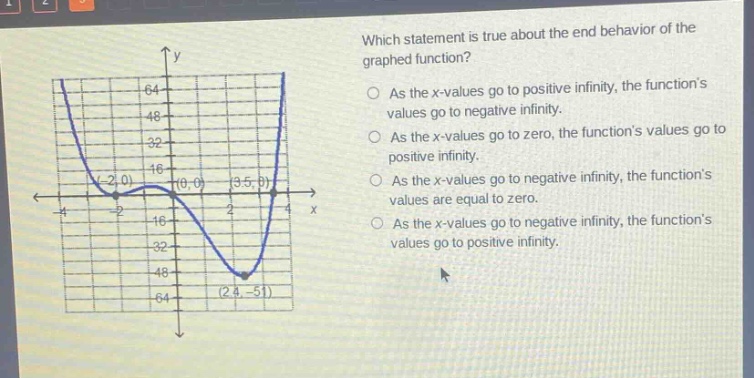 which statement is true about the end - behavior of the graphed function? as the x - values go to positive infinity, the functions values go to negative infinity. as the x - values go to zero, the functions values go to positive infinity. as the x - values go to negative infinity, the functions values are equal to zero. as the x - values go to negative infinity, the functions values go to positive infinity.