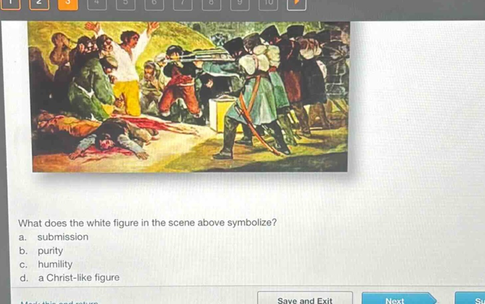 what does the white figure in the scene above symbolize?\na. submission\nb. purity\nc. humility\nd. a christ - like figure