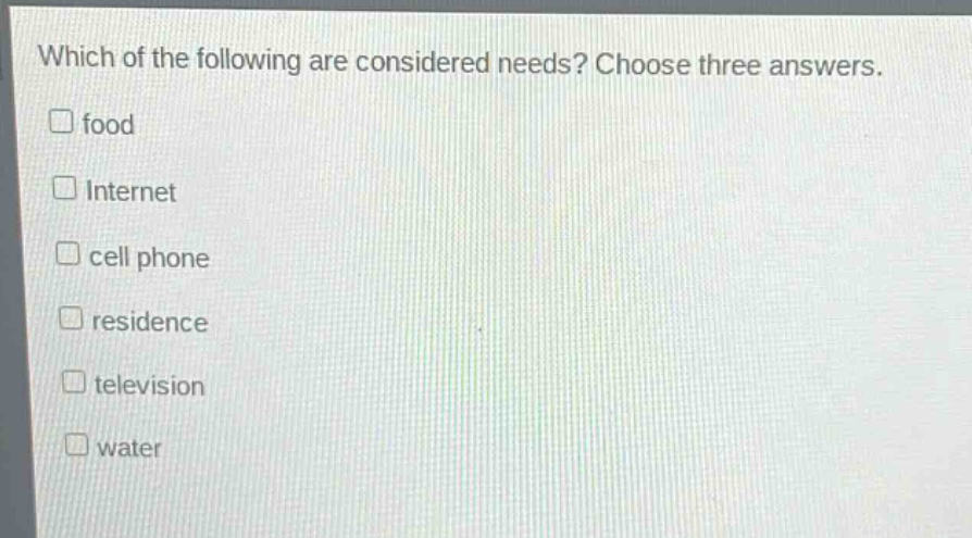 which of the following are considered needs? choose three answers.\n□ food\n□ internet\n□ cell phone\n□ residence\n□ television\n□ water
