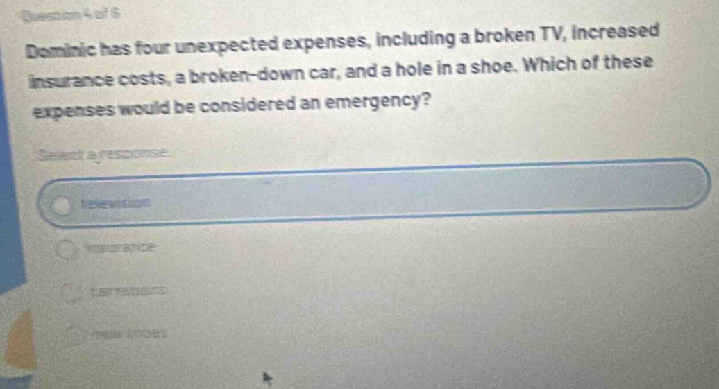 question 4 of 6\ndominic has four unexpected expenses, including a broken tv, increased insurance costs, a broken - down car, and a hole in a shoe. which of these expenses would be considered an emergency?\nselect a response