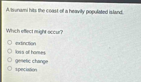 a tsunami hits the coast of a heavily populated island. which effect might occur?\n○ extinction\n○ loss of homes\n○ genetic change\n○ speciation