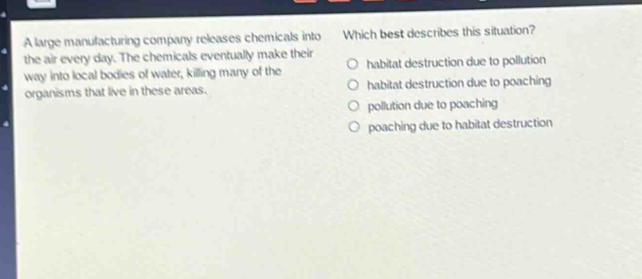 a large manufacturing company releases chemicals into the air every day. the chemicals eventually make their way into local bodies of water, killing many of the organisms that live in these areas. which best describes this situation? habitat destruction due to pollution habitat destruction due to poaching pollution due to poaching poaching due to habitat destruction