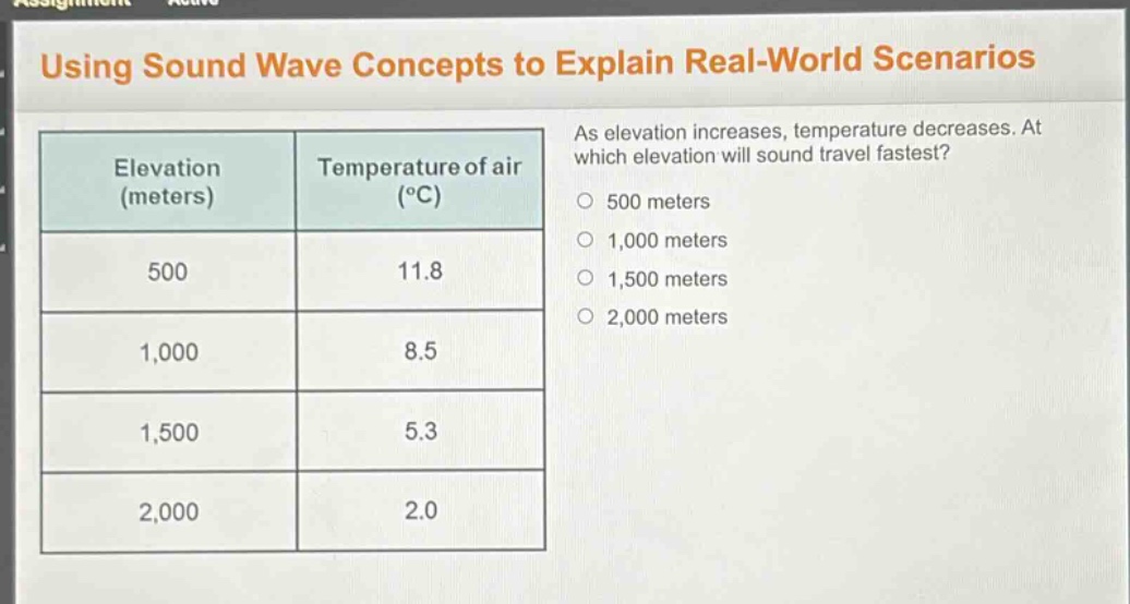 using sound wave concepts to explain real - world scenarios\nas elevation increases, temperature decreases. at which elevation will sound travel fastest?\n500 meters\n1,000 meters\n1,500 meters\n2,000 meters\nelevation (meters) temperature of air (°c)\n500 11.8\n1,000 8.5\n1,500 5.3\n2,000 2.0
