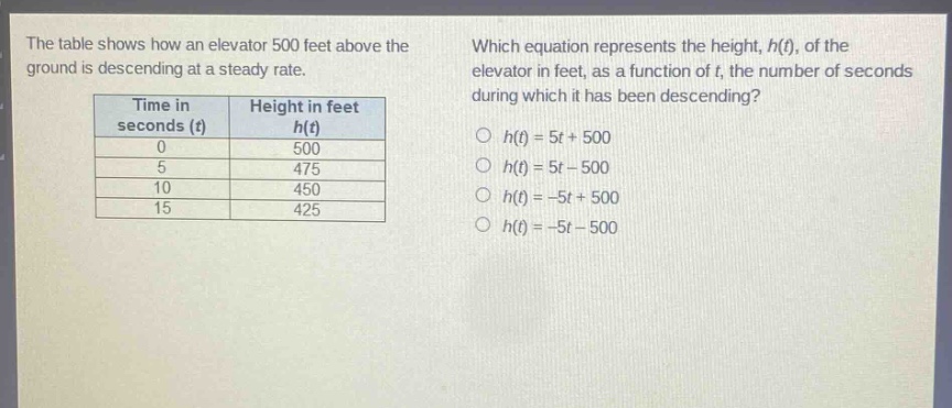 the table shows how an elevator 500 feet above the ground is descending at a steady rate. which equation represents the height, h(t), of the elevator in feet, as a function of t, the number of seconds during which it has been descending?\n| time in seconds (t) | height in feet h(t) |\n| ---- | ---- |\n| 0 | 500 |\n| 5 | 475 |\n| 10 | 450 |\n| 15 | 425 |\n○ h(t)=5t + 500\n○ h(t)=5t - 500\n○ h(t)=-5t + 500\n○ h(t)=-5t - 500