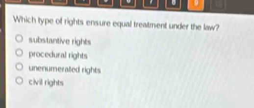 which type of rights ensure equal treatment under the law?\n○ substantive rights\n○ procedural rights\n○ unenumerated rights\n○ civil rights