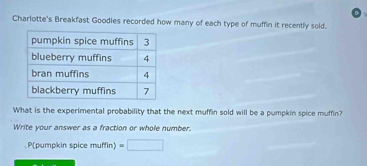 charlottes breakfast goodies recorded how many of each type of muffin it recently sold. pumpkin spice muffins 3 blueberry muffins 4 bran muffins 4 blackberry muffins 7 what is the experimental probability that the next muffin sold will be a pumpkin spice muffin? write your answer as a fraction or whole number. p(pumpkin spice muffin) =
