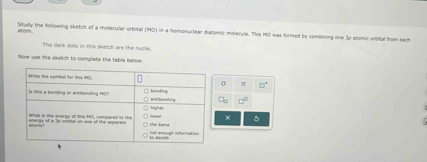 study the following sketch of a molecular orbital (mo) in a homonuclear diatomic molecule. this mo was formed by combining one 3p atomic orbital from each atom.\nthe dark dots in this sketch are the nuclei.\nnow use the sketch to complete the table below.\n|write the symbol for this mo.| |\n|is this a bonding or antibonding mo?|bonding\nantibonding|\n|what is the energy of this mo, compared to the energy of a 3p orbital on one of the separate atoms?|higher\nlower\nthe same\nnot enough information to decide|