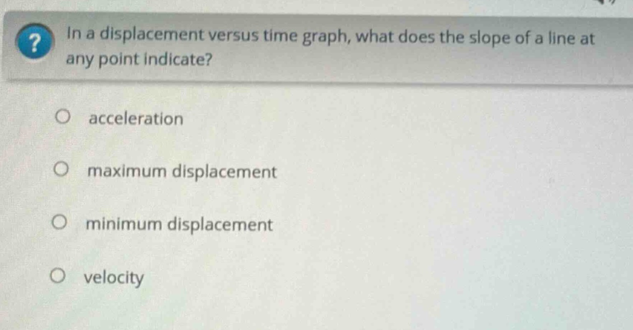 in a displacement versus time graph, what does the slope of a line at any point indicate?\nacceleration\nmaximum displacement\nminimum displacement\nvelocity
