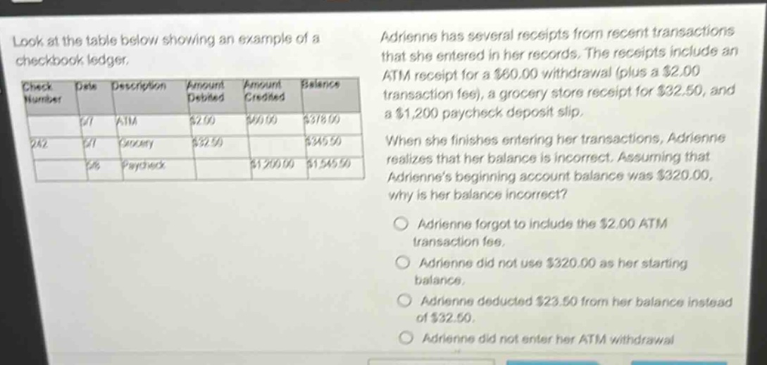 look at the table below showing an example of a checkbook ledger. adrien has several receipts from recent transactions that she entered in her records. the receipts include an atm receipt for a $60.00 withdrawal (plus a $2.00 transaction fee), a grocery store receipt for $32.50, and a $1,200 paycheck deposit slip. when she finishes entering her transactions, adrien realizes that her balance is incorrect. assuming that adriens beginning account balance was $320.00, why is her balance incorrect? adrien forgot to include the $2.00 atm transaction fee. adrien did not use $320.00 as her starting balance. adrien deducted $23.50 from her balance instead of $32.50. adrien did not enter her atm withdrawal.