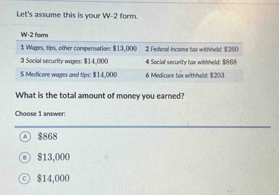 lets assume this is your w - 2 form.\nw - 2 form\n1 wages, tips, other compensation: $13,000 2 federal income tax withheld: $260\n3 social security wages: $14,000 4 social security tax withheld: $868\n5 medicare wages and tips: $14,000 6 medicare tax withheld: $203\nwhat is the total amount of money you earned?\nchoose 1 answer:\na $868\nb $13,000\nc $14,000