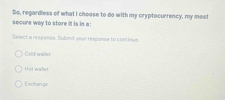 so, regardless of what i choose to do with my cryptocurrency, my most secure way to store it is in a: select a response. submit your response to continue. cold wallet hot wallet exchange