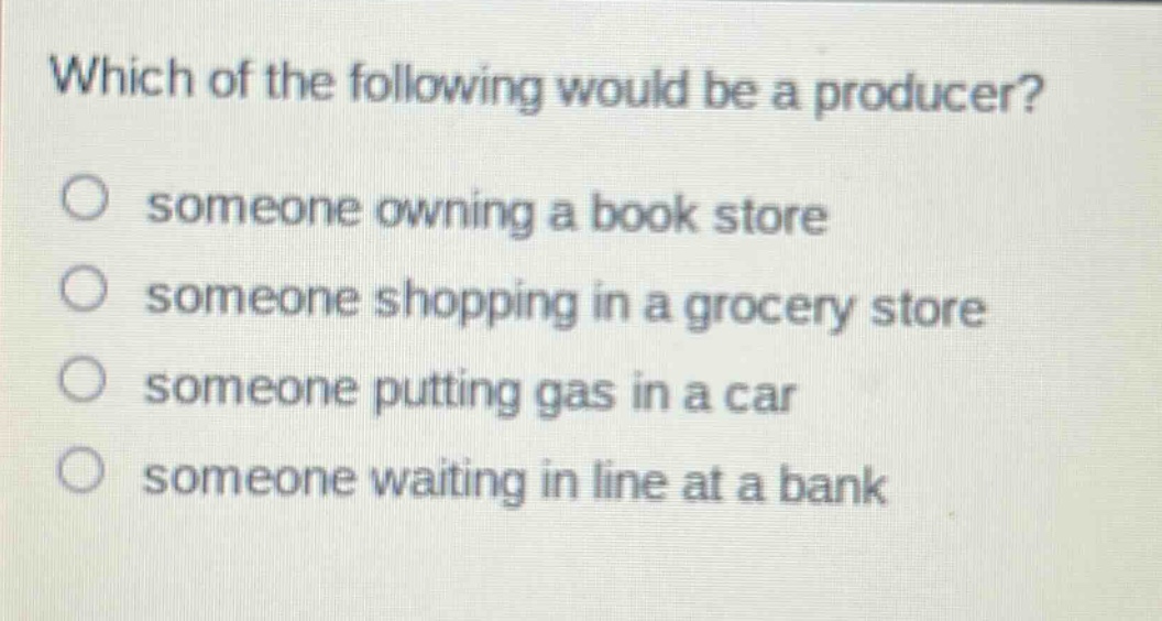 which of the following would be a producer?\n○ someone owning a book store\n○ someone shopping in a grocery store\n○ someone putting gas in a car\n○ someone waiting in line at a bank