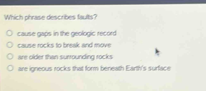 which phrase describes faults?\no cause gaps in the geologic record\no cause rocks to break and move\no are older than surrounding rocks\no are igneous rocks that form beneath earths surface