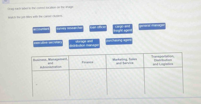 drag each label to the correct location on the image. match the job titles with the career clusters. accountant survey researcher loan officer cargo and freight agent general manager executive secretary storage and distribution manager purchasing agent business, management, and administration finance marketing, sales and service transportation, distribution and logistics