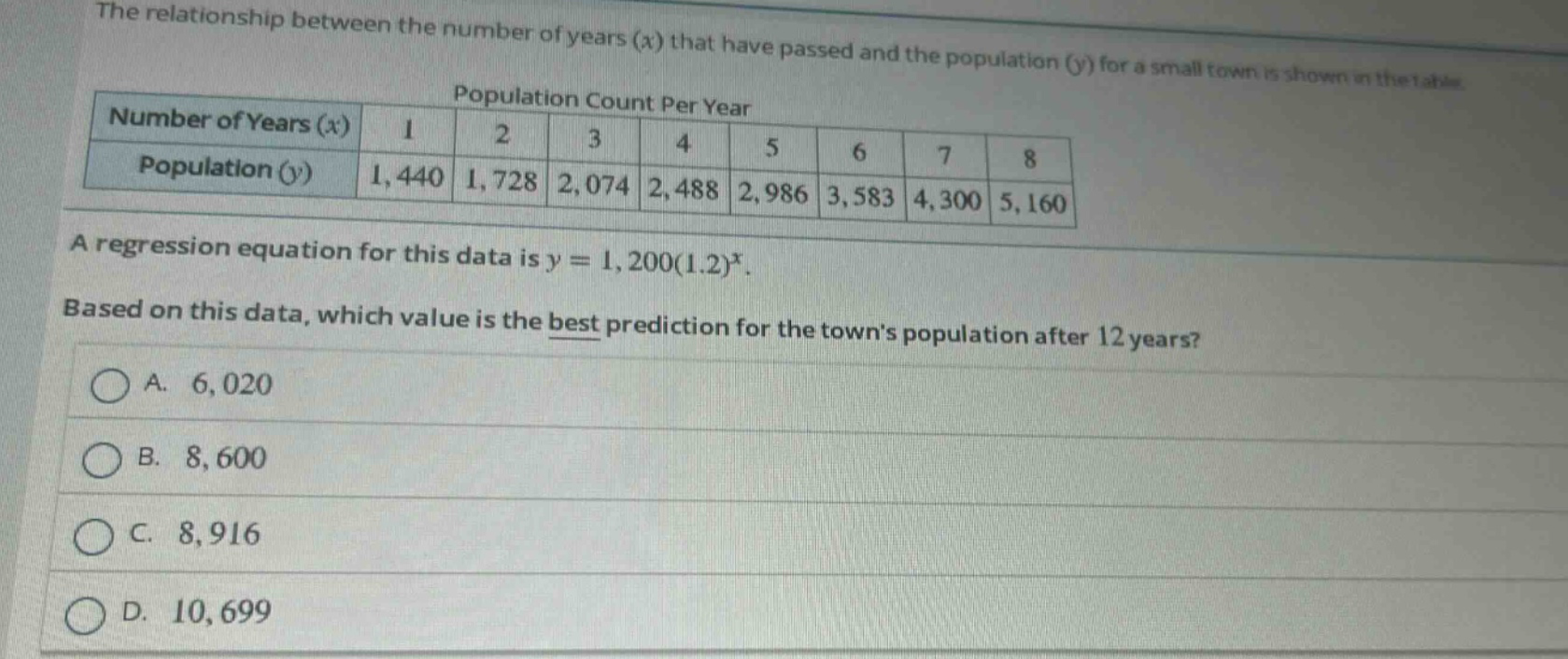 the relationship between the number of years (x) that have passed and the population (y) for a small town is shown in the table.\n|number of years (x)|1|2|3|4|5|6|7|8|\n|population (y)|1,440|1,728|2,074|2,488|2,986|3,583|4,300|5,160|\na regression equation for this data is y = 1,200(1.2)^x.\nbased on this data, which value is the best prediction for the towns population after 12 years?\na. 6,020\nb. 8,600\nc. 8,916\nd. 10,699
