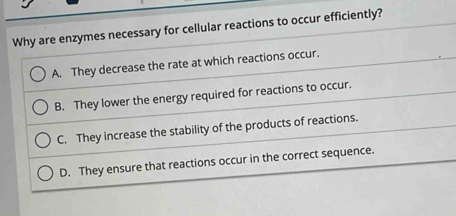 why are enzymes necessary for cellular reactions to occur efficiently?\na. they decrease the rate at which reactions occur.\nb. they lower the energy required for reactions to occur.\nc. they increase the stability of the products of reactions.\nd. they ensure that reactions occur in the correct sequence.