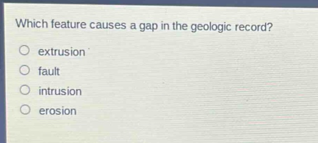 which feature causes a gap in the geologic record?\n○ extrusion\n○ fault\n○ intrusion\n○ erosion