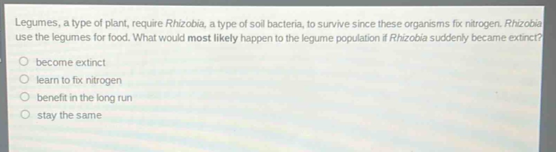 legumes, a type of plant, require rhizobia, a type of soil bacteria, to survive since these organisms fix nitrogen. rhizobia use the legumes for food. what would most likely happen to the legume population if rhizobia suddenly became extinct?\nbecome extinct\nlearn to fix nitrogen\nbenefit in the long run\nstay the same