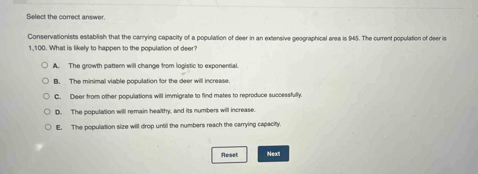 select the correct answer.\nconservationists establish that the carrying capacity of a population of deer in an extensive geographical area is 945. the current population of deer is 1,100. what is likely to happen to the population of deer?\na. the growth pattern will change from logistic to exponential.\nb. the minimal viable population for the deer will increase.\nc. deer from other populations will immigrate to find mates to reproduce successfully.\nd. the population will remain healthy, and its numbers will increase.\ne. the population size will drop until the numbers reach the carrying capacity.\nreset next