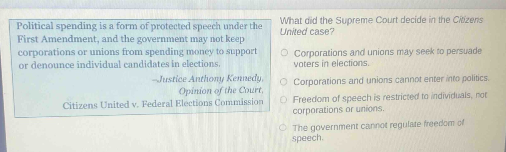 political spending is a form of protected speech under the first amendment, and the government may not keep corporations or unions from spending money to support or denounce individual candidates in elections. -justice anthony kennedy, opinion of the court, citizens united v. federal elections commission\nwhat did the supreme court decide in the citizens united case?\ncorporations and unions may seek to persuade voters in elections.\ncorporations and unions cannot enter into politics.\nfreedom of speech is restricted to individuals, not corporations or unions.\nthe government cannot regulate freedom of speech.