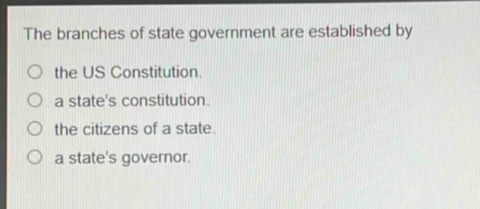the branches of state government are established by\no the us constitution.\no a states constitution.\no the citizens of a state.\no a states governor.