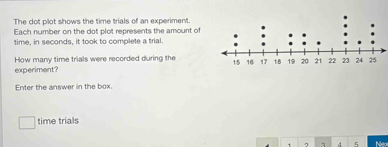 the dot plot shows the time trials of an experiment. each number on the dot plot represents the amount of time, in seconds, it took to complete a trial. how many time trials were recorded during the experiment? enter the answer in the box. time trials