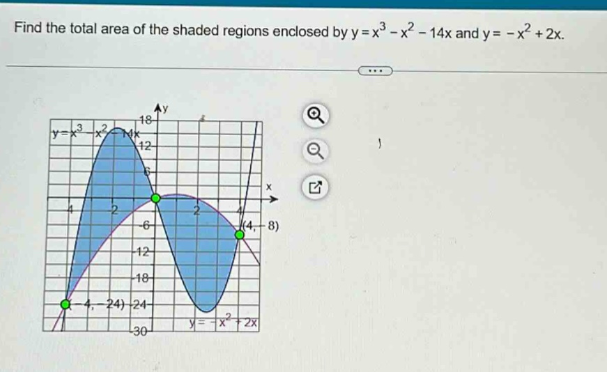 find the total area of the shaded regions enclosed by y = x^3 - x^2 - 14x and y = -x^2 + 2x.
