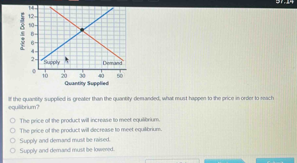 if the quantity supplied is greater than the quantity demanded, what must happen to the price in order to reach equilibrium?\no the price of the product will increase to meet equilibrium.\no the price of the product will decrease to meet equilibrium.\no supply and demand must be raised.\no supply and demand must be lowered.