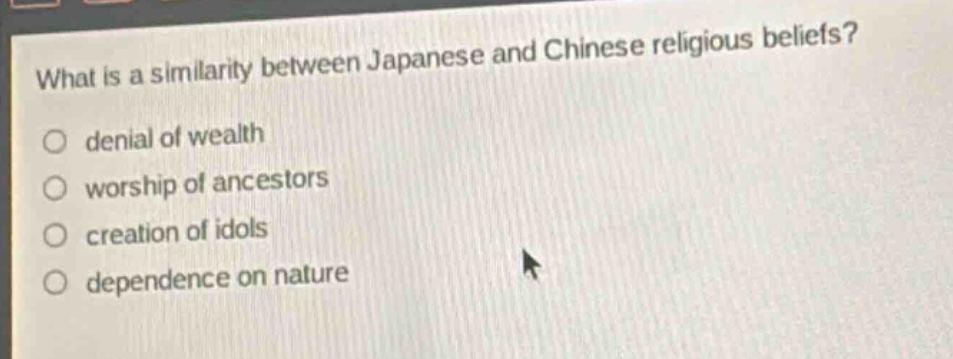 what is a similarity between japanese and chinese religious beliefs?\no denial of wealth\no worship of ancestors\no creation of idols\no dependence on nature