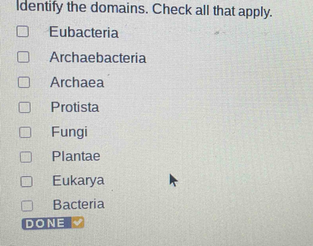 identify the domains. check all that apply.\neubacteria\narchaebacteria\narchaea\nprotista\nfungi\nplantae\neukarya\nbacteria\ndone