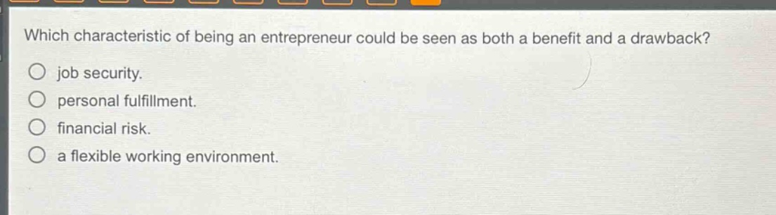 which characteristic of being an entrepreneur could be seen as both a benefit and a drawback?\n○ job security.\n○ personal fulfillment.\n○ financial risk.\n○ a flexible working environment.