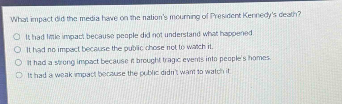 what impact did the media have on the nations mourning of president kennedys death?\no it had little impact because people did not understand what happened.\no it had no impact because the public chose not to watch it.\no it had a strong impact because it brought tragic events into peoples homes.\no it had a weak impact because the public didnt want to watch it.