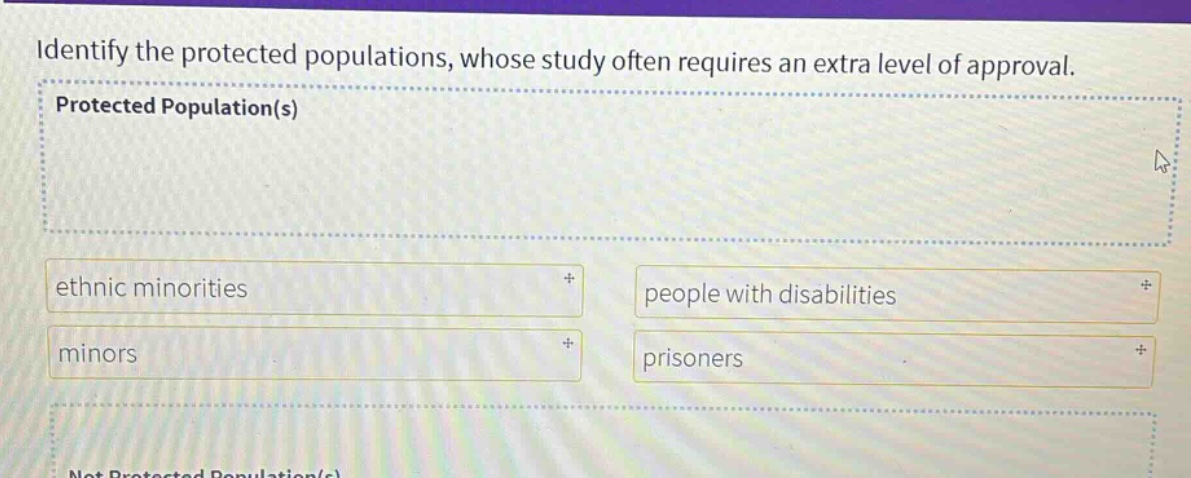 identify the protected populations, whose study often requires an extra level of approval. protected population(s) ethnic minorities + people with disabilities + minors + prisoners