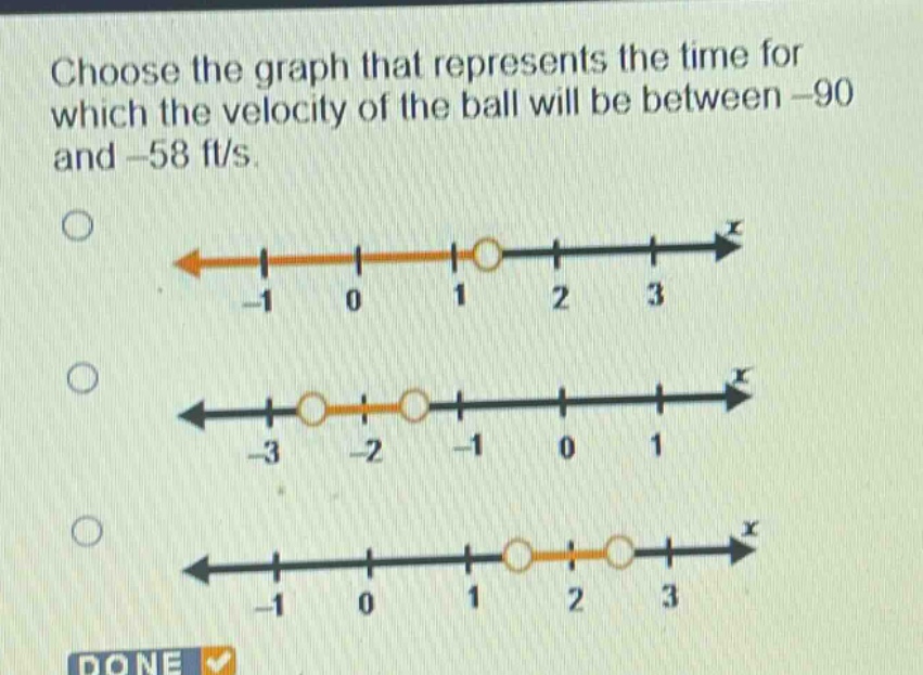 choose the graph that represents the time for which the velocity of the ball will be between -90 and -58 ft/s.