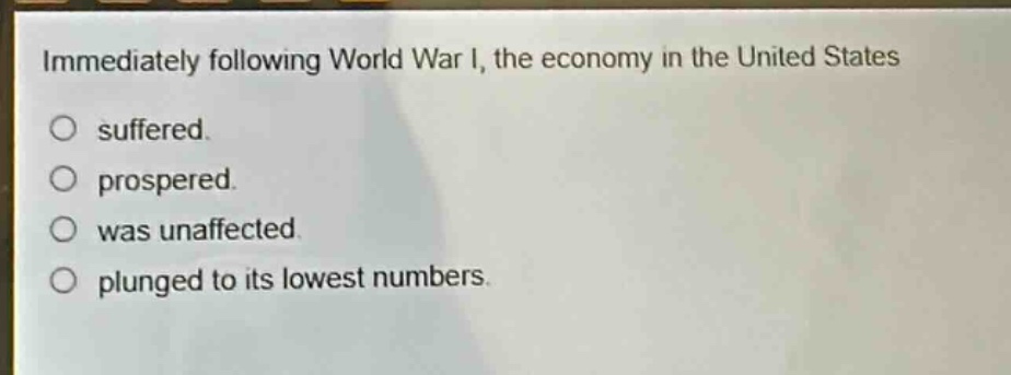 immediately following world war i, the economy in the united states\nsuffered.\nprospered.\nwas unaffected.\nplunged to its lowest numbers.