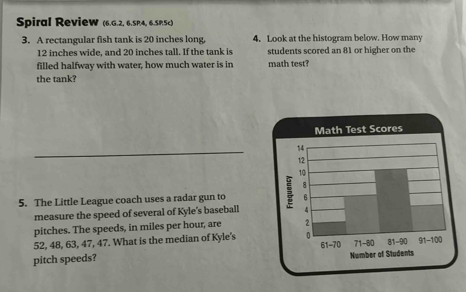 spiral review (6.g.2, 6.sp.4, 6.sp.5c)\n3. a rectangular fish tank is 20 inches long, 12 inches wide, and 20 inches tall. if the tank is filled halfway with water, how much water is in the tank?\n4. look at the histogram below. how many students scored an 81 or higher on the math test?\n5. the little league coach uses a radar gun to measure the speed of several of kyle’s baseball pitches. the speeds, in miles per hour, are 52, 48, 63, 47, 47. what is the median of kyle’s pitch speeds?\nmath test scores\nfrequency\n14\n12\n10\n8\n6\n4\n2\n0\n61 - 70 71 - 80 81 - 90 91 - 100\nnumber of students