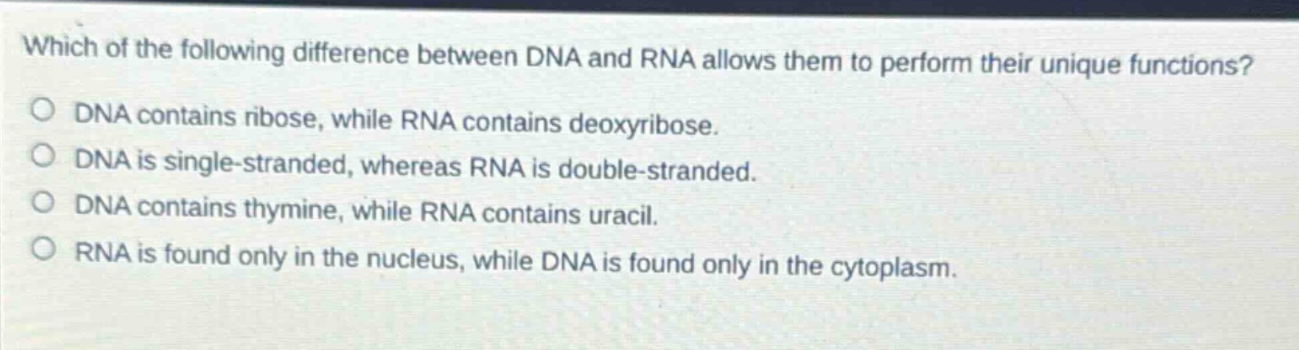 which of the following difference between dna and rna allows them to perform their unique functions?\no dna contains ribose, while rna contains deoxyribose.\no dna is single - stranded, whereas rna is double - stranded.\no dna contains thymine, while rna contains uracil.\no rna is found only in the nucleus, while dna is found only in the cytoplasm.