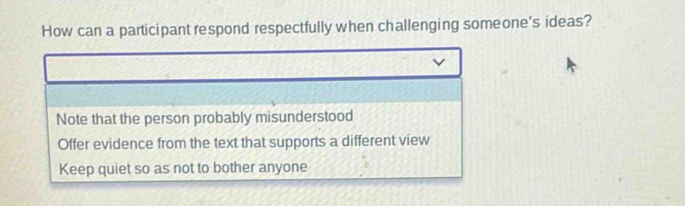 how can a participant respond respectfully when challenging someones ideas? note that the person probably misunderstood offer evidence from the text that supports a different view keep quiet so as not to bother anyone