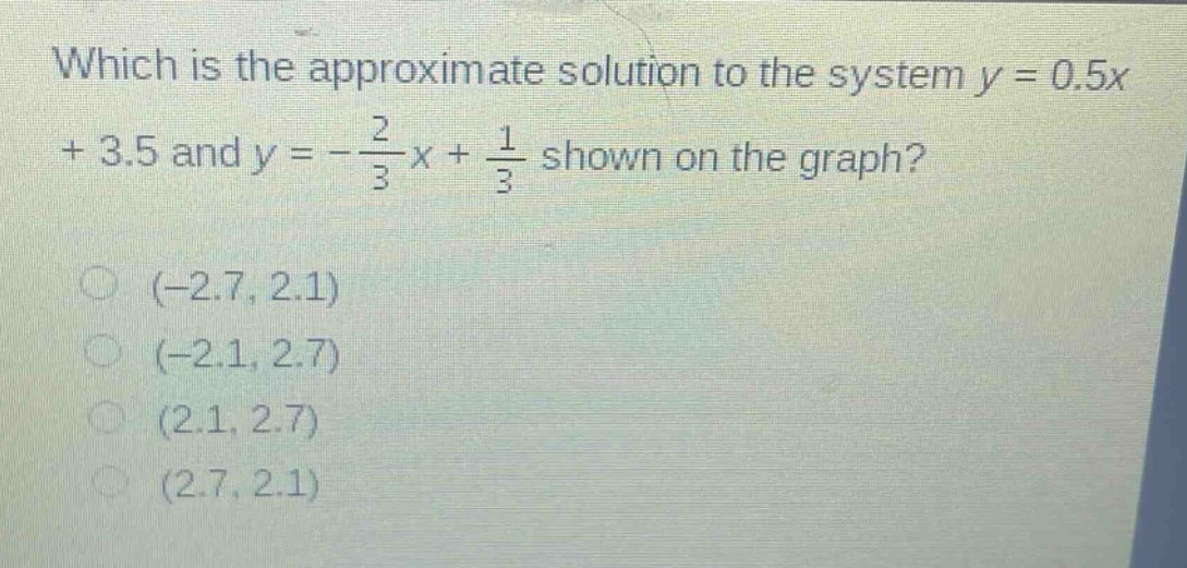 which is the approximate solution to the system y = 0.5x + 3.5 and y = -\\frac{2}{3}x + \\frac{1}{3} shown on the graph?\n(-2.7, 2.1)\n(-2.1, 2.7)\n(2.1, 2.7)\n(2.7, 2.1)