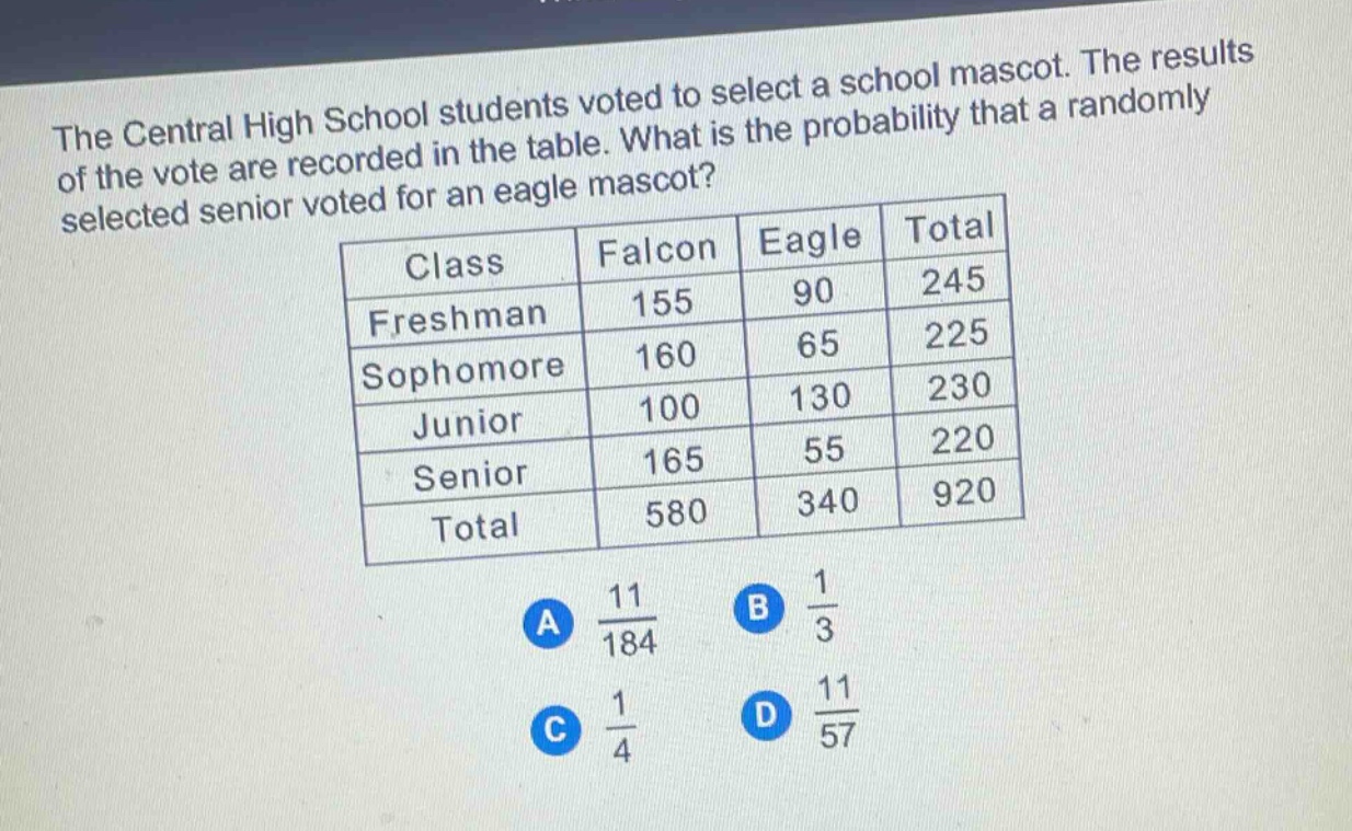 the central high school students voted to select a school mascot. the results of the vote are recorded in the table. what is the probability that a randomly selected senior voted for an eagle mascot?\n| class | falcon | eagle | total |\n| ---- | ---- | ---- | ---- |\n| freshman | 155 | 90 | 245 |\n| sophomore | 160 | 65 | 225 |\n| junior | 100 | 130 | 230 |\n| senior | 165 | 55 | 220 |\n| total | 580 | 340 | 920 |\na $\frac{11}{184}$ b $\frac{1}{3}$ c $\frac{1}{4}$ d $\frac{11}{57}$