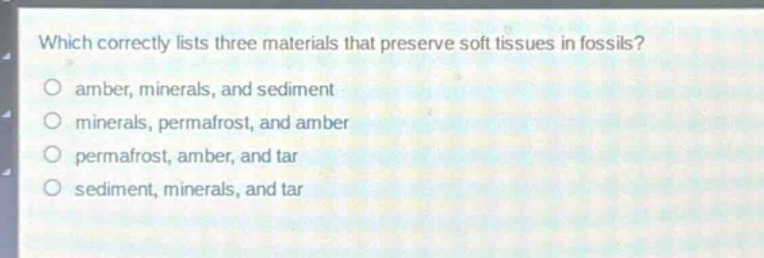 which correctly lists three materials that preserve soft tissues in fossils?\no amber, minerals, and sediment\no minerals, permafrost, and amber\no permafrost, amber, and tar\no sediment, minerals, and tar