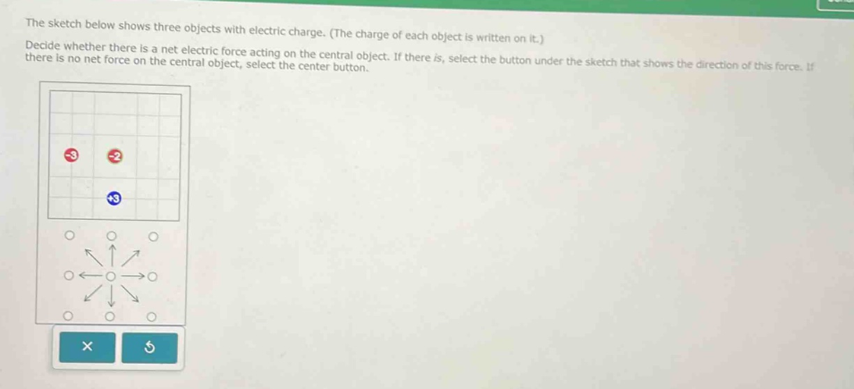 the sketch below shows three objects with electric charge. (the charge of each object is written on it.) decide whether there is a net electric force acting on the central object. if there is, select the button under the sketch that shows the direction of this force. if there is no net force on the central object, select the center button.